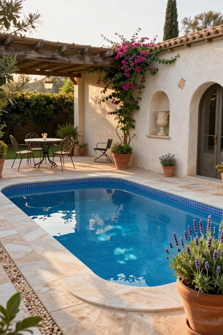 Small rectangular inground pool with blue mosaic tiles and light beige stone patio surround, including a round metal bistro table with four chairs, a lounge chair, potted plants, climbing pink bougainvillea on wooden pergola against white stucco wall with arched door.