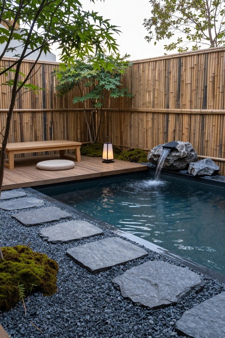 Small inground pool with water cascading from a black solar-powered rock feature, surrounded by bamboo fencing, wooden bench with round cushion, stone lantern, mossy plants, gravel, and irregular stepping stones on a wooden deck edge.