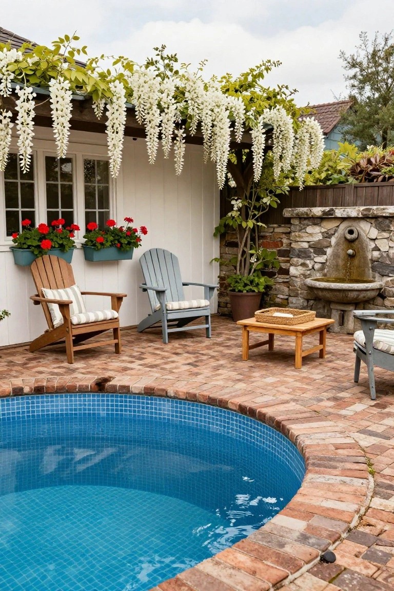 Curved blue mosaic-tiled inground pool edged by brick pavers, with tan and blue Adirondack chairs, a wooden side table holding a basket, hanging white wisteria vines, red geranium planters on a white exterior wall, potted plants, and a stone fountain against a wood fence.