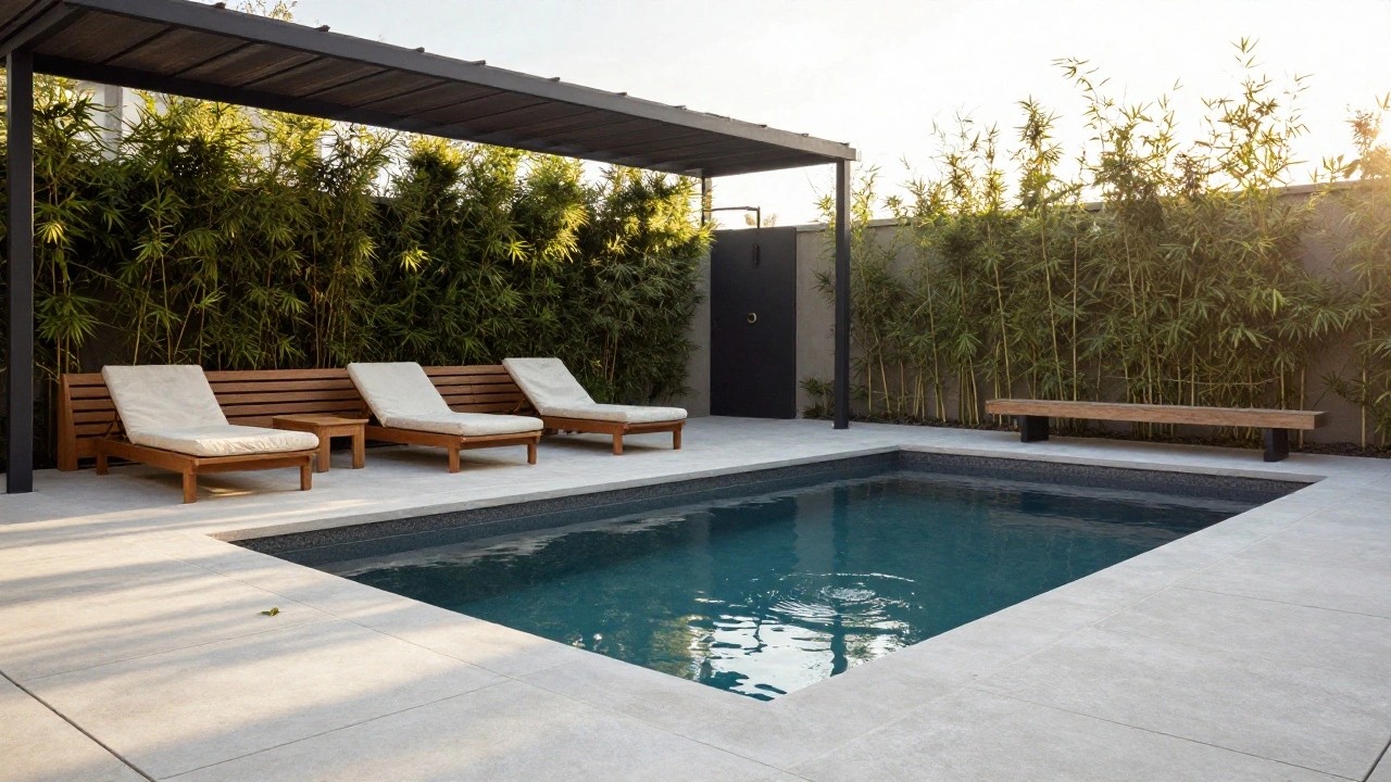 Small square turquoise inground pool in a gray-tiled modern patio with adjacent wooden lounge bench and chair with white cushions, bamboo plants for screening, a pergola overhead, and a dark double door on a beige wall.