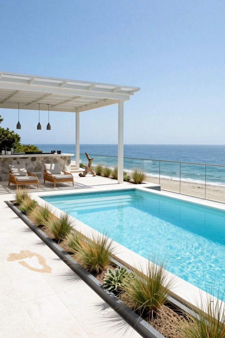 Rectangular turquoise inground pool edged by grasses and plants on a white stone deck, with a white pergola sheltering lounge chairs and a bar counter, overlooking the ocean through glass railings.