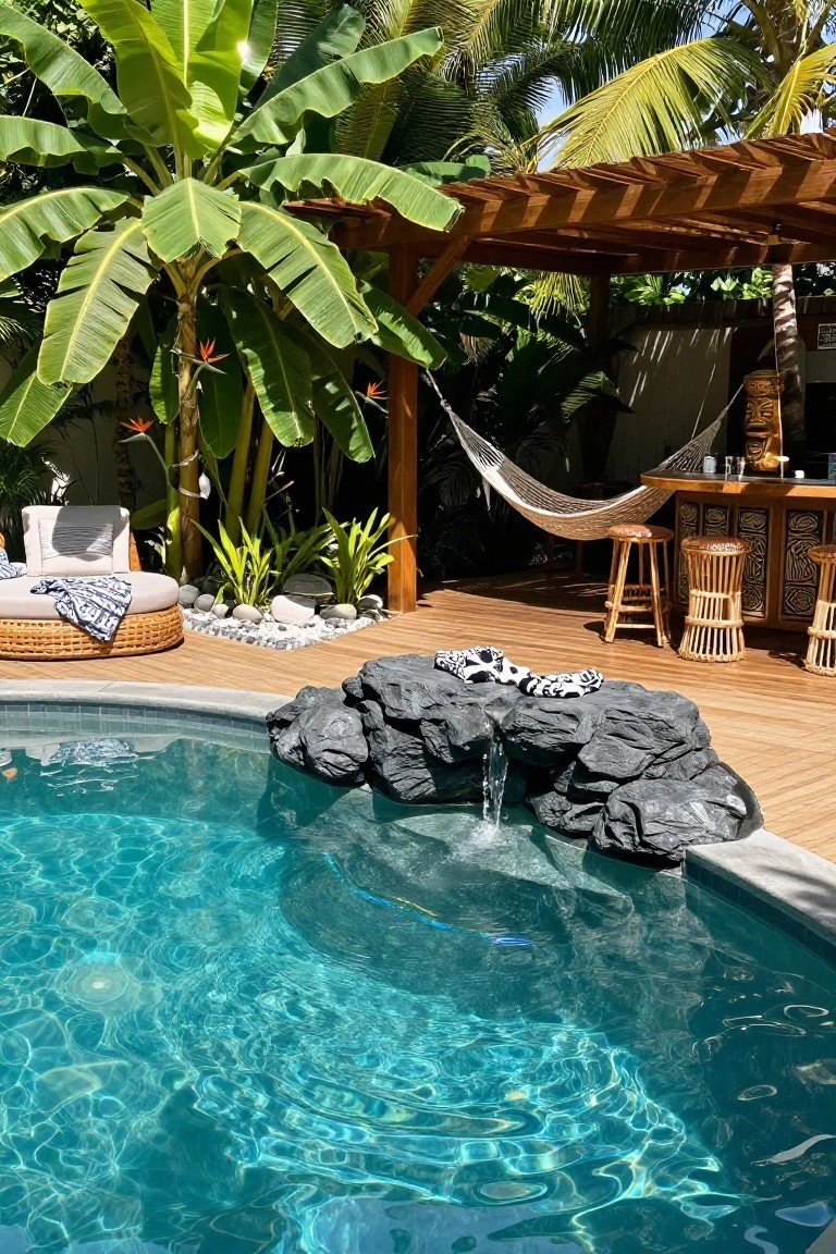 Inground pool with gray rock waterfall feature on the edge, wooden deck patio, tropical plants, hammock, lounge chair, and bar stools nearby.