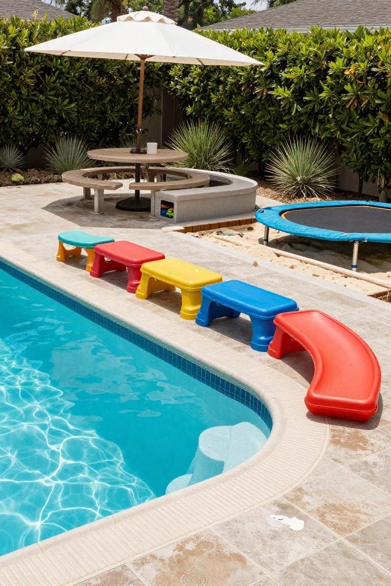 Inground pool with teal, red, yellow, and blue plastic stepping stools along the edge leading to a red slide into the water, tiled patio, picnic table under white umbrella, hedge privacy fence, and blue trampoline in backyard.