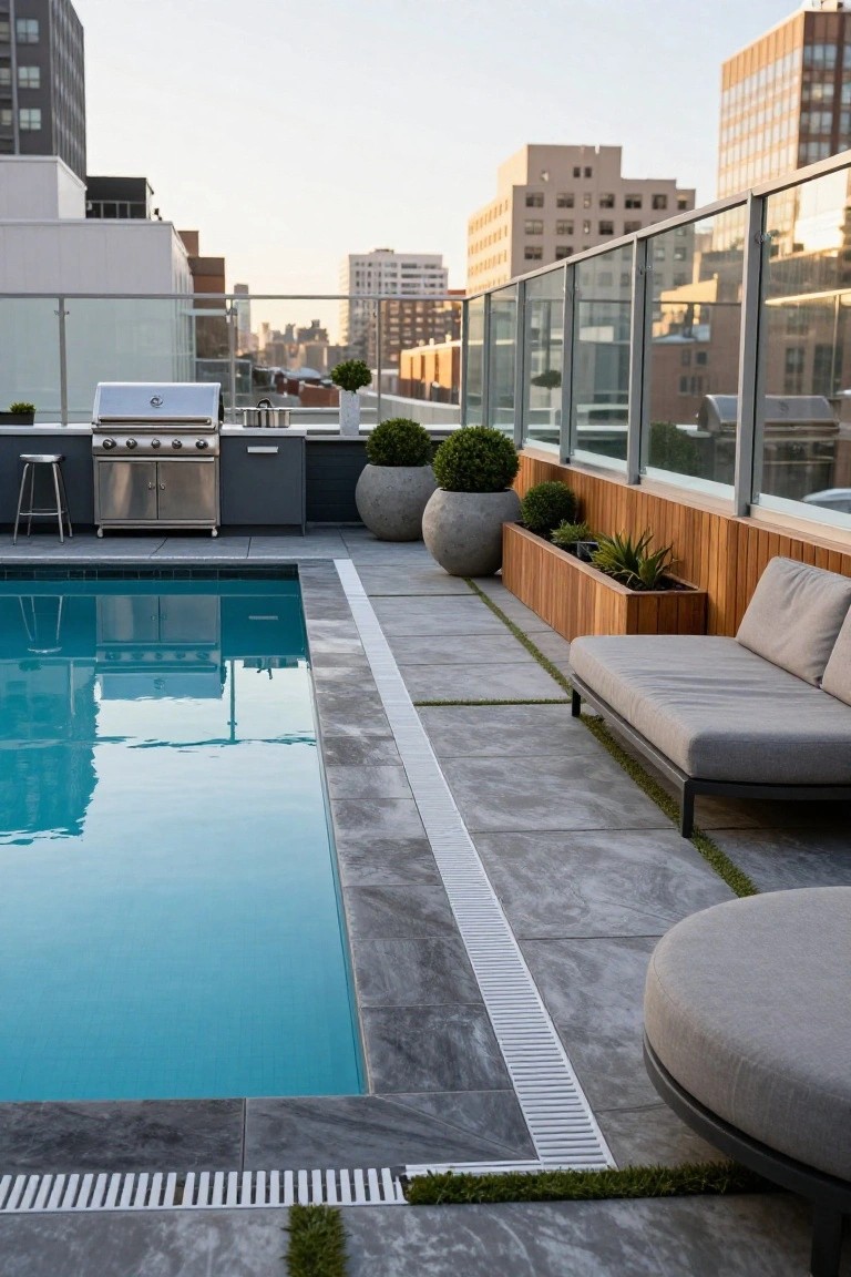 Rooftop terrace with rectangular inground pool edged in dark slate tiles and channel drain, stainless steel BBQ grill on cabinetry, potted topiary plants, wooden planter box containing succulents and agave, gray L-shaped outdoor sofa with cushions, round ottoman, glass balustrade, and city skyline at sunset.
