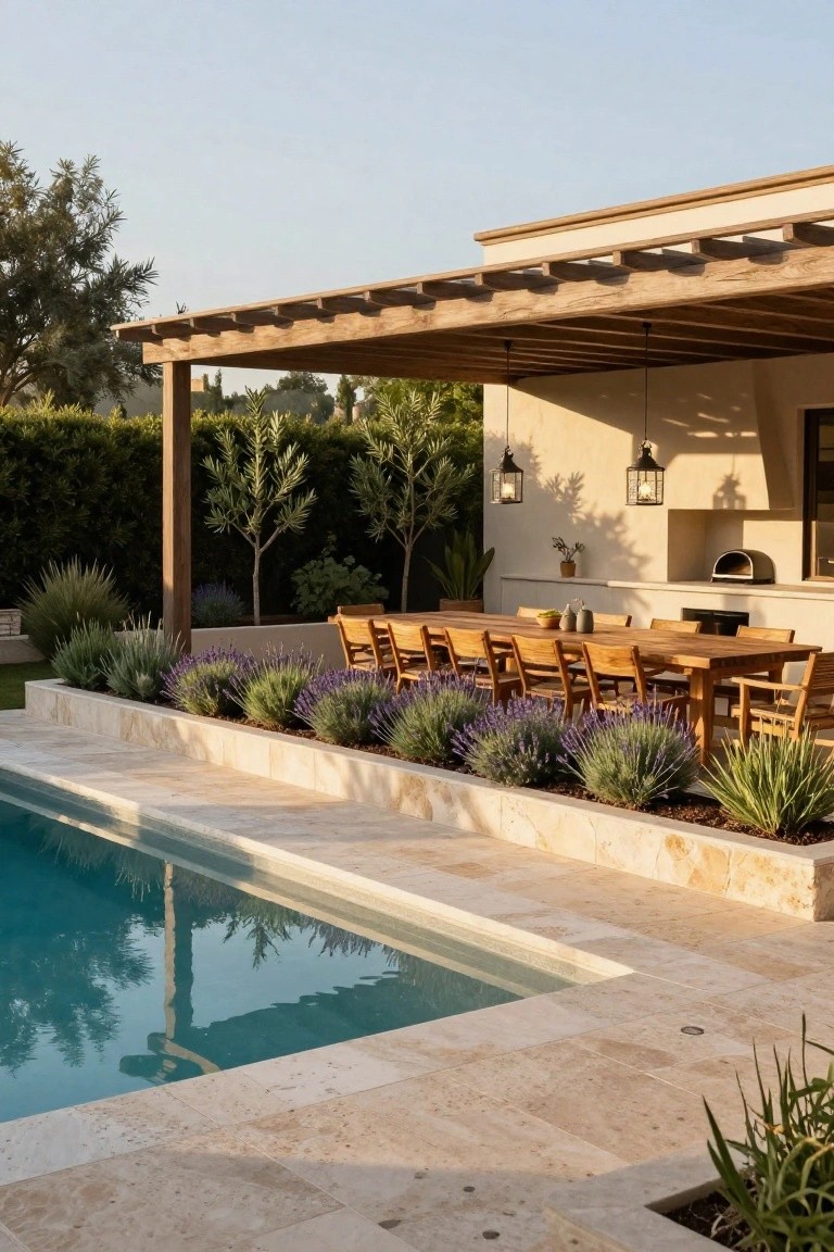 Wooden pergola covering a long rectangular dining table with chairs on a stone patio next to an inground pool, with raised planter beds of lavender and agave along the pool edge and an outdoor kitchen with pizza oven nearby.