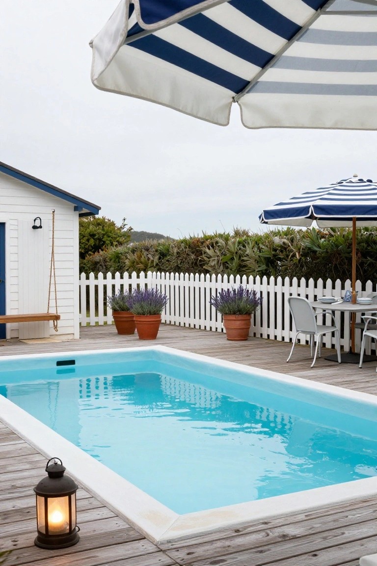 Rectangular inground pool with light blue water on a wooden deck, bordered by white picket fence, potted plants, outdoor dining table with chairs, umbrellas, and a small white building nearby.