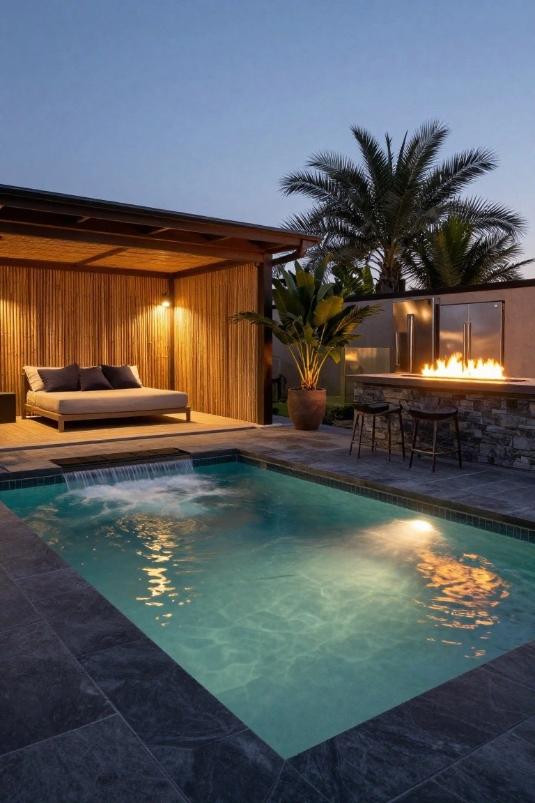Small rectangular inground pool with turquoise water and waterfall edge at dusk, adjacent to a stone bar counter with linear gas fire pit flames and two black stools, bamboo pergola structure enclosing a beige daybed, large potted plants and palm trees nearby.