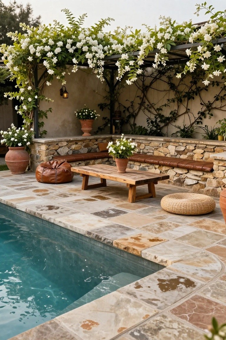 Inground pool with adjacent tiled patio featuring a metal pergola covered in white blooming vines, stone wall bench with leather cushions, wooden coffee table, brown and woven poufs, potted plants, and terracotta pots.