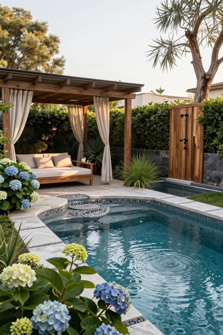 Small turquoise-tiled inground pool adjacent to a beige fabric daybed under a wooden pergola with cream curtains, surrounded by hydrangea plants and greenery.