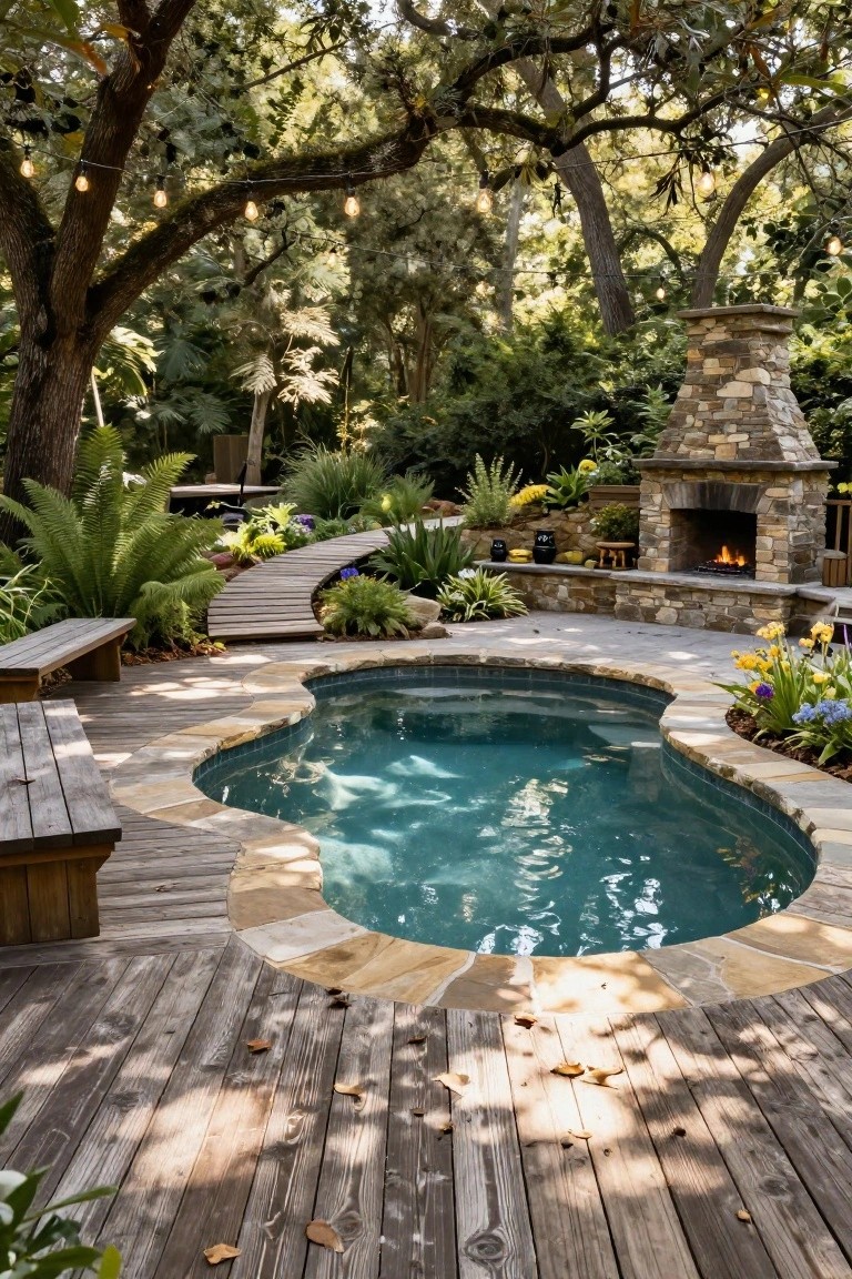 Rustic Wood Deck Around a Curved Pool