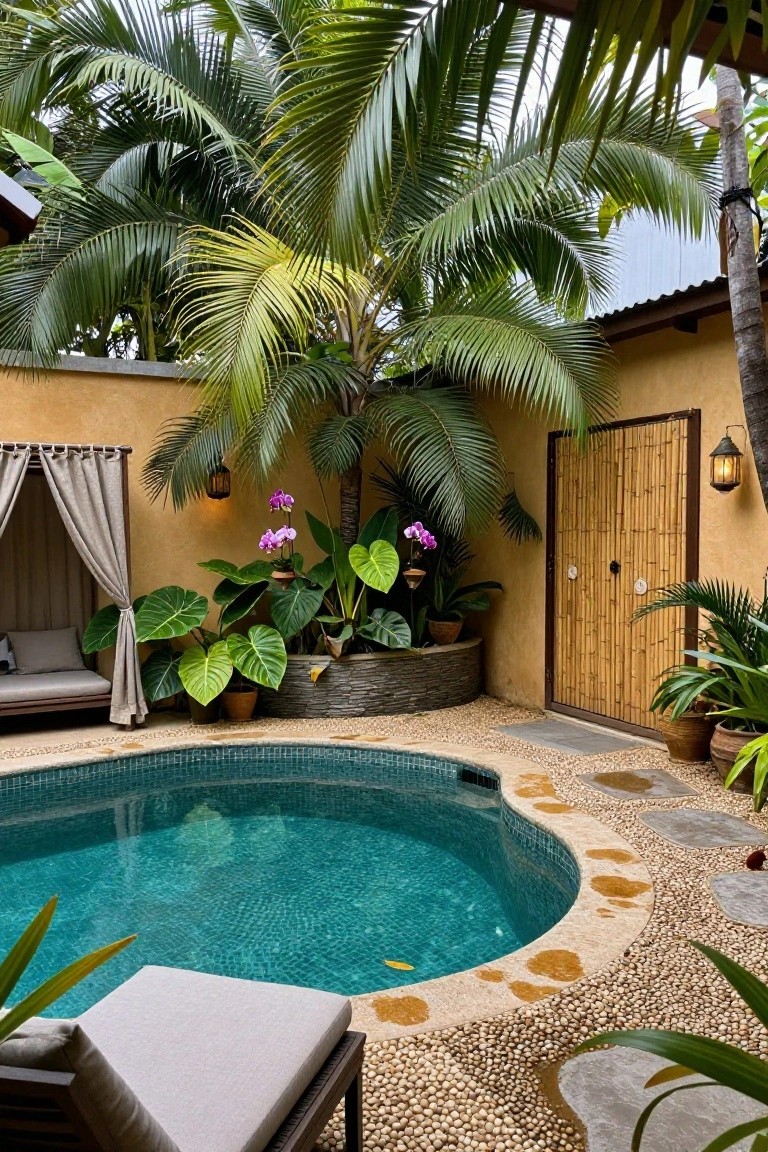 Small turquoise circular inground pool with mosaic tiles and pebble edging in a tropical courtyard surrounded by palms, orchids, large-leaf plants, a draped daybed, and a bamboo door on a yellow stucco wall.