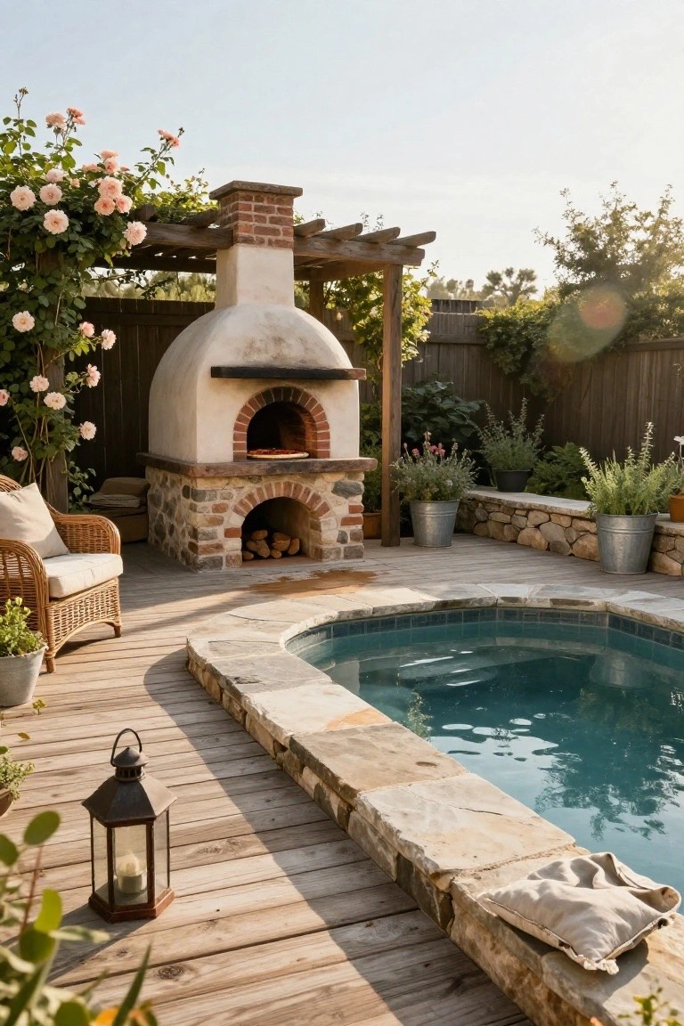Rustic stucco wood-fired pizza oven with brick entry arch and stone base on wooden deck next to curved turquoise inground pool, with wicker chair, plants in metal pots, and lantern nearby.