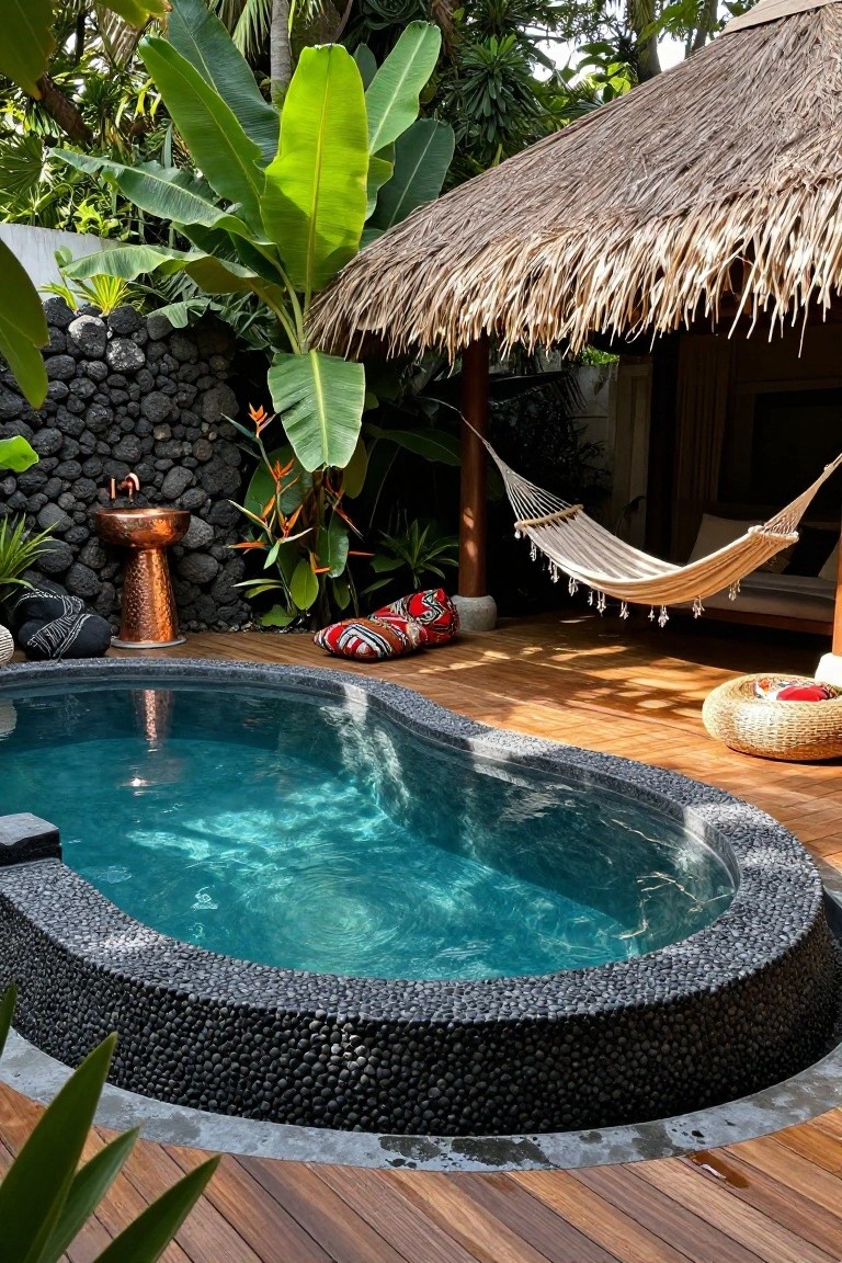 25 Inviting Backyard Pool Area Inspiration For Total Comfort A small curved turquoise plunge pool with black pebble mosaic edging on a wooden deck, surrounded by tropical plants, a hammock, colorful cushions, and a copper outdoor sink against stone walls.