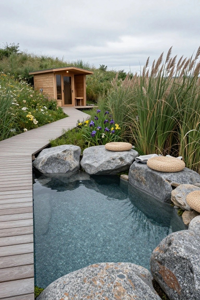 25 Inviting Backyard Pool Area Inspiration For Total Comfort Wooden boardwalk path winds through tall grasses, flowers, and large gray boulders surrounding a small blue pool with cushions on the rocks and a wooden sauna cabin ahead.
