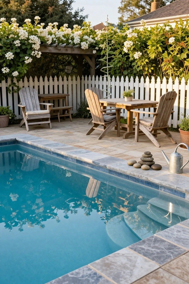 25 Inviting Backyard Pool Area Inspiration For Total Comfort Rectangular turquoise pool with tiled edges on a light stone patio, four wooden Adirondack chairs with cushions around a wooden table, white picket fence, potted plants, and white flowering vines climbing a wooden arbor.
