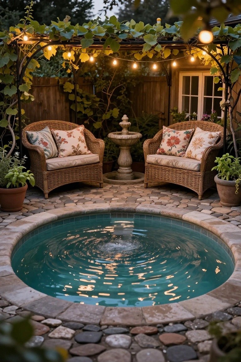 25 Inviting Backyard Pool Area Inspiration For Total Comfort Small circular turquoise pool with bubbling fountain on pebble patio, flanked by two wicker armchairs with floral cushions, stone pedestal fountain, potted plants, and string lights under vine-covered metal pergola against wooden fence.