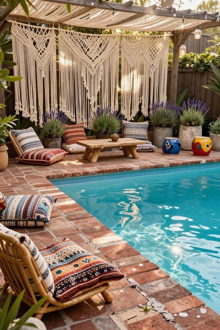 25 Inviting Backyard Pool Area Inspiration For Total Comfort Wooden pergola with white macrame hangings over a poolside brick patio, featuring colorful floor cushions, patterned pillows, low chairs, a wooden table, potted plants, and lavender bushes next to a turquoise swimming pool.