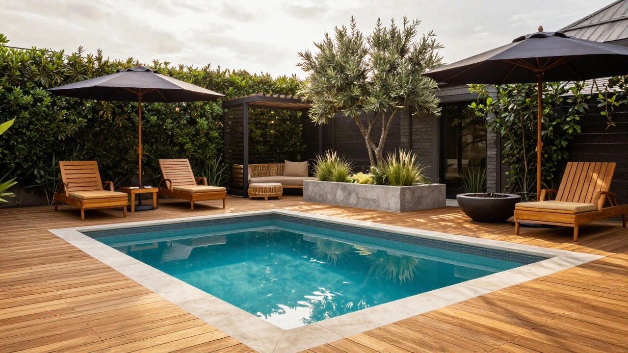 Wooden deck adjacent to a turquoise pool with stone edge, featuring two wooden lounge chairs, a curved rattan sofa with cushions under a pergola, potted olive tree and grasses, and nearby umbrellas and greenery.