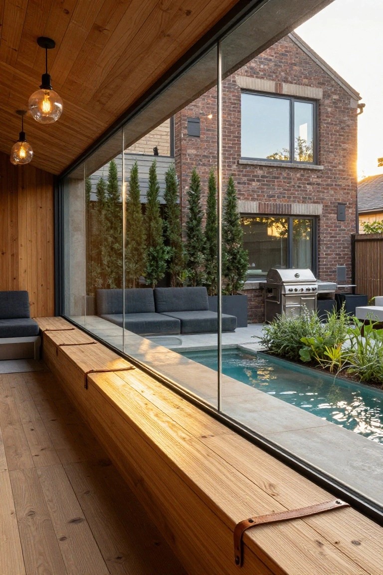 25 Inviting Backyard Pool Area Inspiration For Total Comfort Wooden-walled interior space with large glass walls overlooking a narrow rectangular pool, gray outdoor sofas, barbecue grill, potted plants, and brick house in the background at sunset.