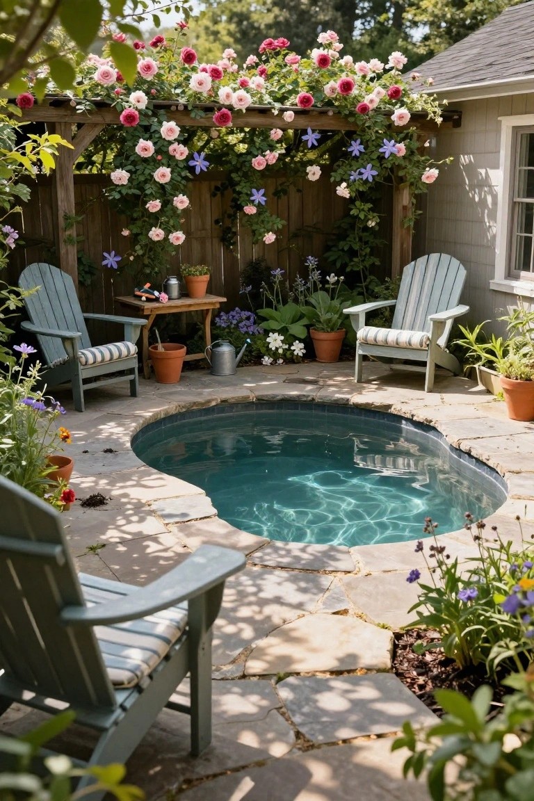 25 Inviting Backyard Pool Area Inspiration For Total Comfort Small turquoise kidney-shaped pool on stone pavers in a backyard, with two teal Adirondack chairs, wooden table, potted plants, and a pergola-style arbor covered in pink roses and purple clematis against a fence and house wall.