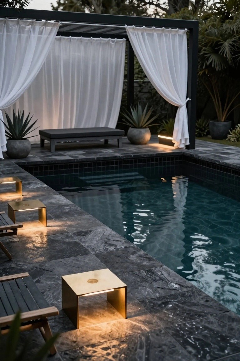 25 Inviting Backyard Pool Area Inspiration For Total Comfort Backyard pool area at dusk featuring a dark tiled infinity pool, black metal pergola with sheer white curtains enclosing a daybed, gold metallic low stools and tables with integrated warm lights along the pool edge, lounge chairs, potted plants, and agave plants on dark stone paving.