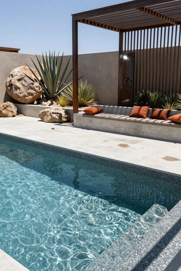 25 Inviting Backyard Pool Area Inspiration For Total Comfort A turquoise lap pool with light gray pebble surround, adjacent concrete bench topped with orange cushions under a rusted metal pergola, large rocks and agave plants against a beige stucco wall.