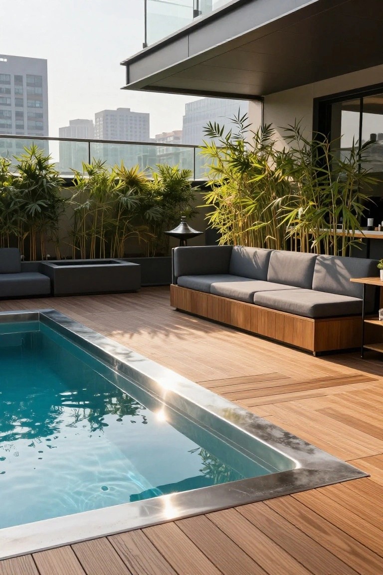 25 Inviting Backyard Pool Area Inspiration For Total Comfort Rooftop terrace with rectangular pool edged in stainless steel, surrounded by light wood decking, L-shaped built-in wooden bench with gray cushions, potted palms and bamboo plants, glass balcony railing, and city skyline in background.