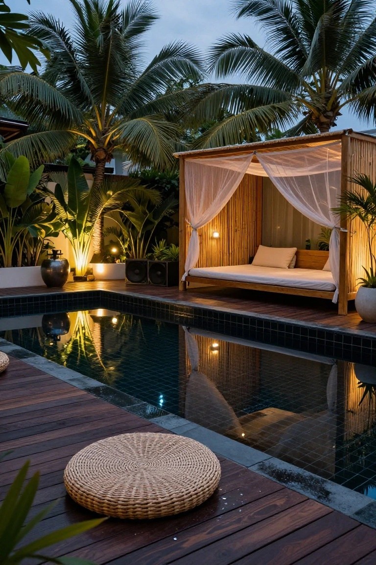 25 Inviting Backyard Pool Area Inspiration For Total Comfort Nighttime photo of a small rectangular pool with dark tiles and wooden decking, featuring a bamboo pavilion with sheer curtains around a daybed, rattan pouf stool nearby, tropical plants, and soft ambient lighting.