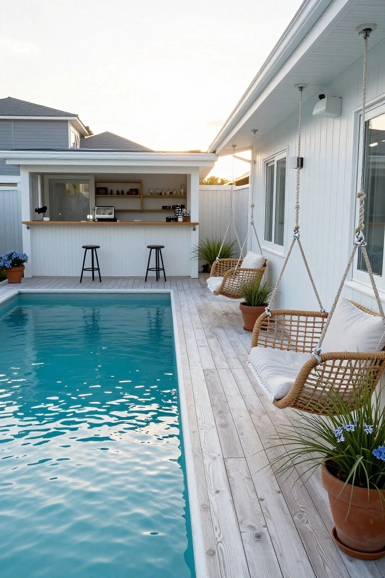 25 Inviting Backyard Pool Area Inspiration For Total Comfort Turquoise lap pool edged by light gray-toned wood decking, with an adjacent outdoor bar featuring light wood countertop, two black stools, shelving, hanging rattan swings with white cushions and plants, potted greenery, and white shiplap house wall.