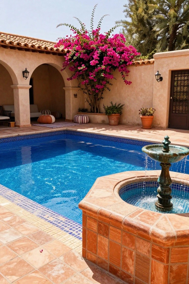 25 Inviting Backyard Pool Area Inspiration For Total Comfort Backyard swimming pool with blue mosaic tiles adjacent to a green patina bronze fountain on terracotta tiles, surrounded by adobe arches, bougainvillea vines, potted plants, and lounge seating.
