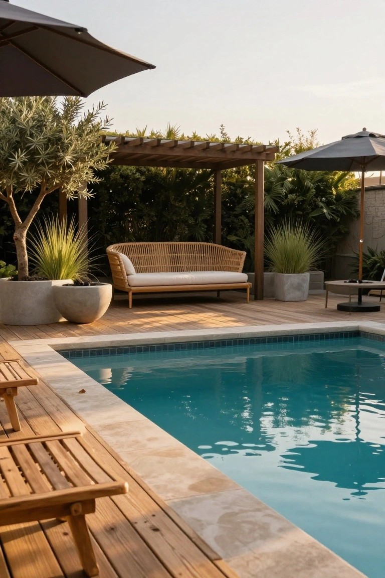 25 Inviting Backyard Pool Area Inspiration For Total Comfort Wooden deck adjacent to a turquoise pool with stone edge, featuring two wooden lounge chairs, a curved rattan sofa with cushions under a pergola, potted olive tree and grasses, and nearby umbrellas and greenery.