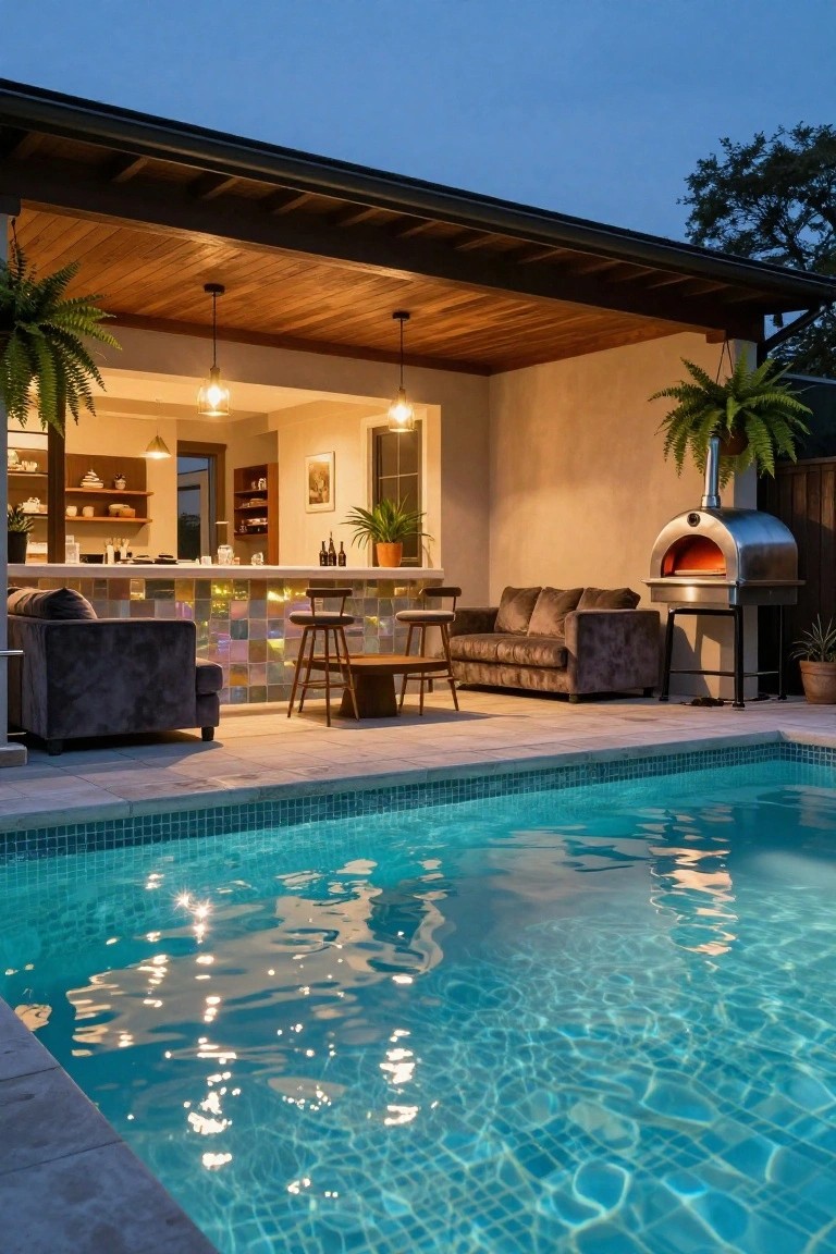 25 Inviting Backyard Pool Area Inspiration For Total Comfort Covered outdoor patio with wooden plank ceiling and pendant lights, featuring a bar with iridescent tiled backsplash, barstools, gray sofas, stainless steel pizza oven, potted plants, and adjacent mosaic-tiled swimming pool at dusk.