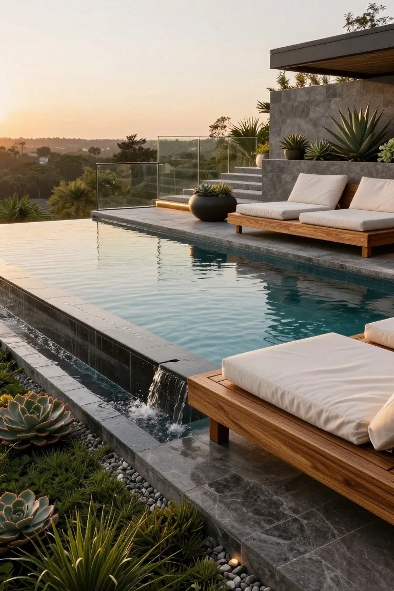 25 Inviting Backyard Pool Area Inspiration For Total Comfort Infinity-edge pool with adjacent low wooden loungers on gray stone decking, small waterfall feature, succulents, and hillside view at sunset.