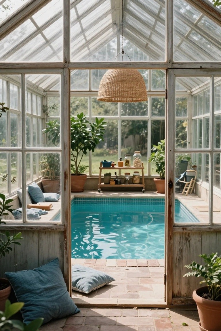 25 Inviting Rustic Pool Gazebo Ideas With Natural Materials Rustic glass greenhouse with open wooden doors revealing a small turquoise-tiled pool, blue floor cushions on terracotta tiles, potted plants, wooden shelves holding jars, and a woven pendant lamp hanging above.