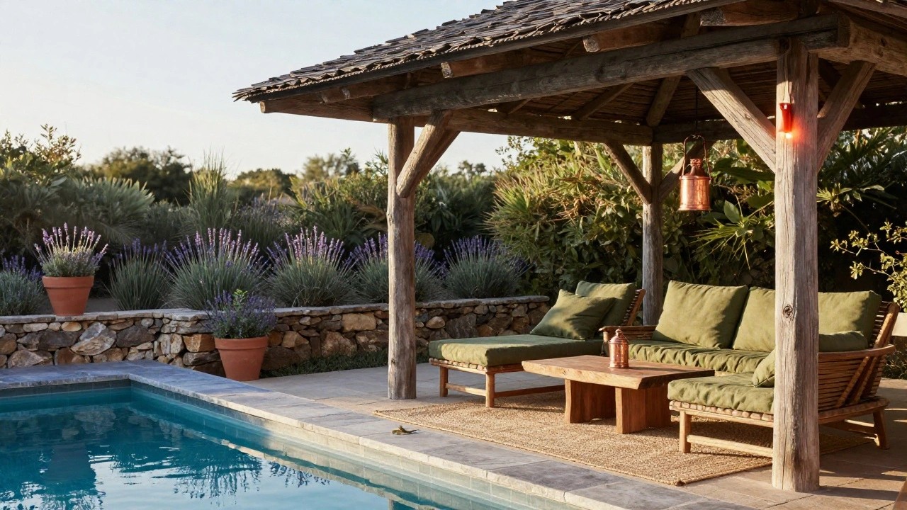Rustic wooden pergola with thick log posts and thatched roof over green lounge chairs and wood table on tiled patio next to blue swimming pool, with potted plants, lavender, and greenery backdrop.