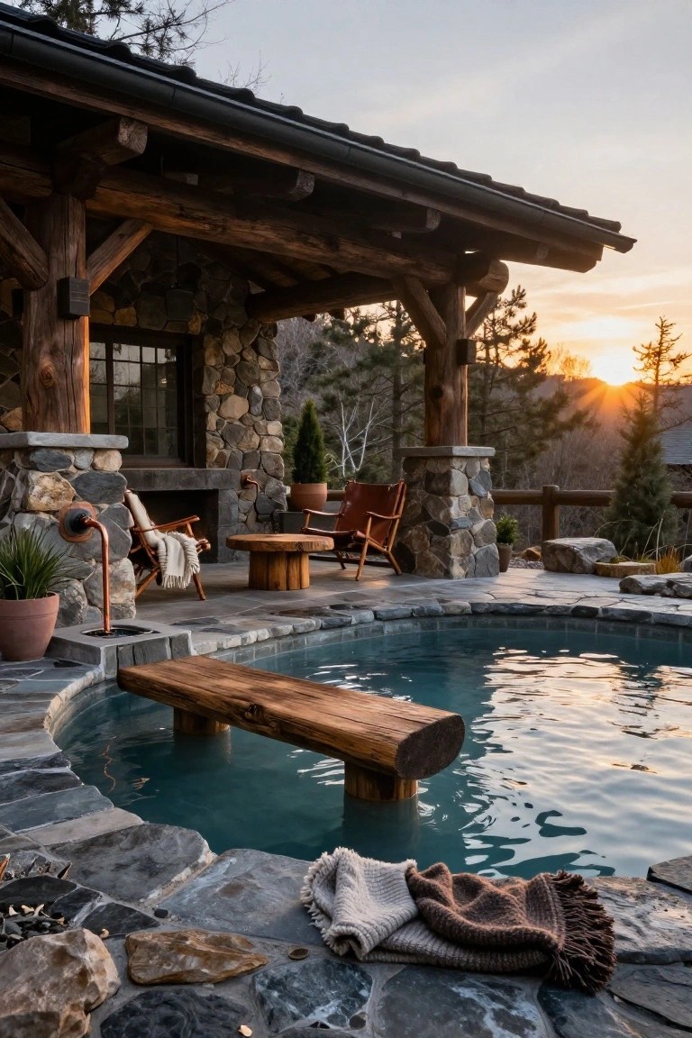 25 Inviting Rustic Pool Gazebo Ideas With Natural Materials Rustic outdoor gazebo with log beam roof and stone walls enclosing a curved turquoise hot tub with a protruding wooden bench, patio chairs and plants on stone decking amid pine trees at sunset.