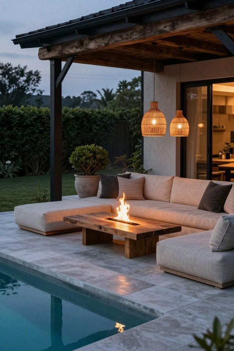 25 Inviting Rustic Pool Gazebo Ideas With Natural Materials Covered wooden pergola over an L-shaped beige outdoor sofa arranged around a rectangular wooden coffee table with central linear gas fire pit flames, next to an in-ground pool on a light gray tiled patio at dusk with hanging rattan lanterns.