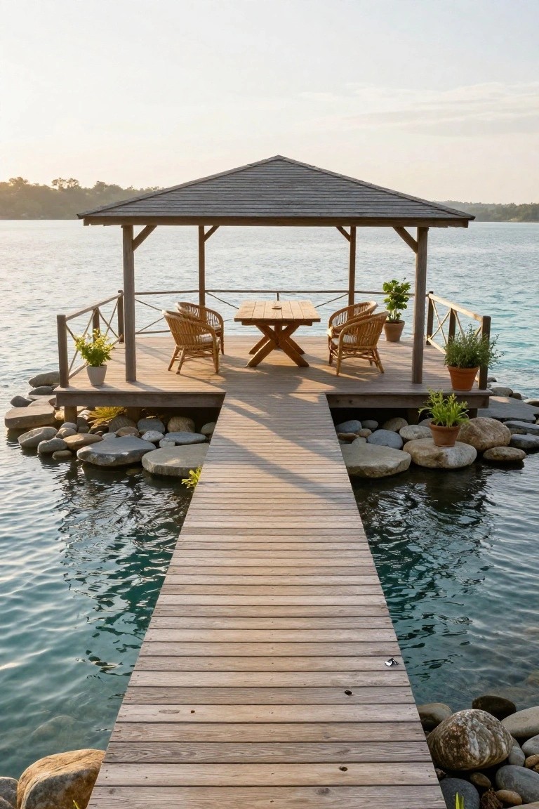 25 Inviting Rustic Pool Gazebo Ideas With Natural Materials Wooden pier extending over turquoise water to a shaded gazebo with rattan chairs, rectangular table, potted plants, and surrounding rocks at sunset.