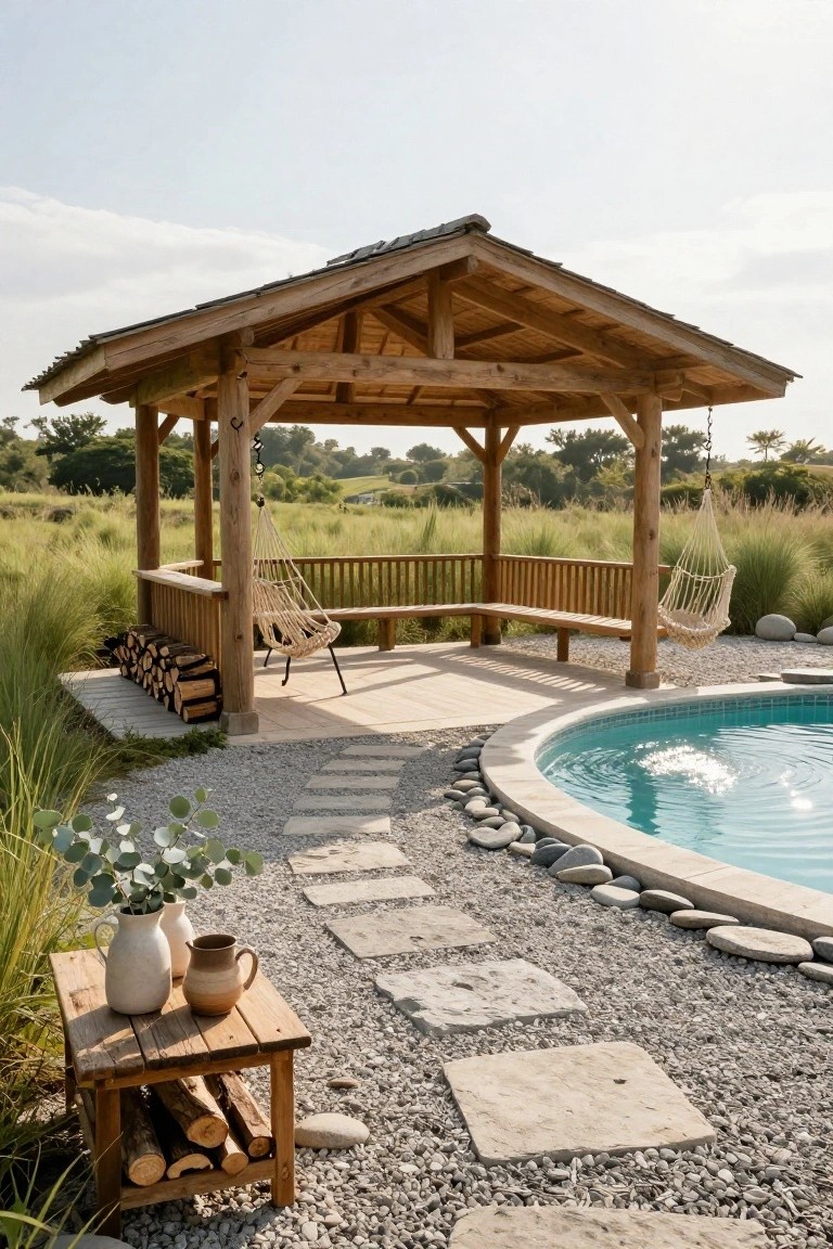 25 Inviting Rustic Pool Gazebo Ideas With Natural Materials Wooden gazebo with curved bench seating, hanging hammock chair, side table with vase and mug, firewood stack, next to round turquoise pool edged in stone and gravel path amid tall grasses.