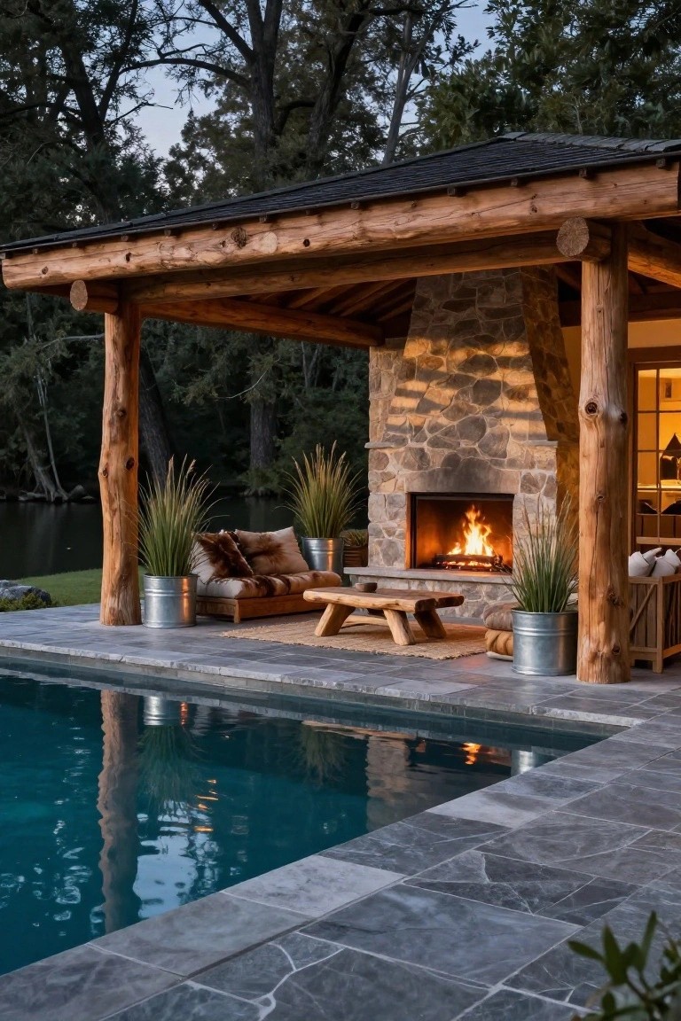 25 Inviting Rustic Pool Gazebo Ideas With Natural Materials Log-framed open gazebo with stone fireplace, fur-covered loveseat, wooden bench, and potted plants next to an infinity-edge pool surrounded by trees and grass.