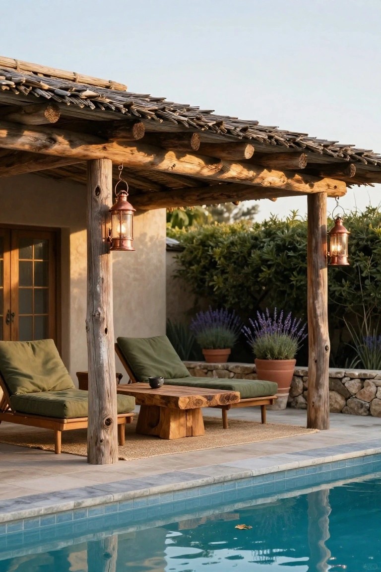 25 Inviting Rustic Pool Gazebo Ideas With Natural Materials Rustic wooden pergola with thick log posts and thatched roof over green lounge chairs and wood table on tiled patio next to blue swimming pool, with potted plants, lavender, and greenery backdrop.