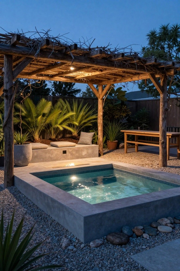 25 Inviting Rustic Pool Gazebo Ideas With Natural Materials Square concrete plunge pool with glowing turquoise water under a wooden pergola topped with thatch, featuring built-in seating, potted plants, wooden table, and gravel ground at dusk.
