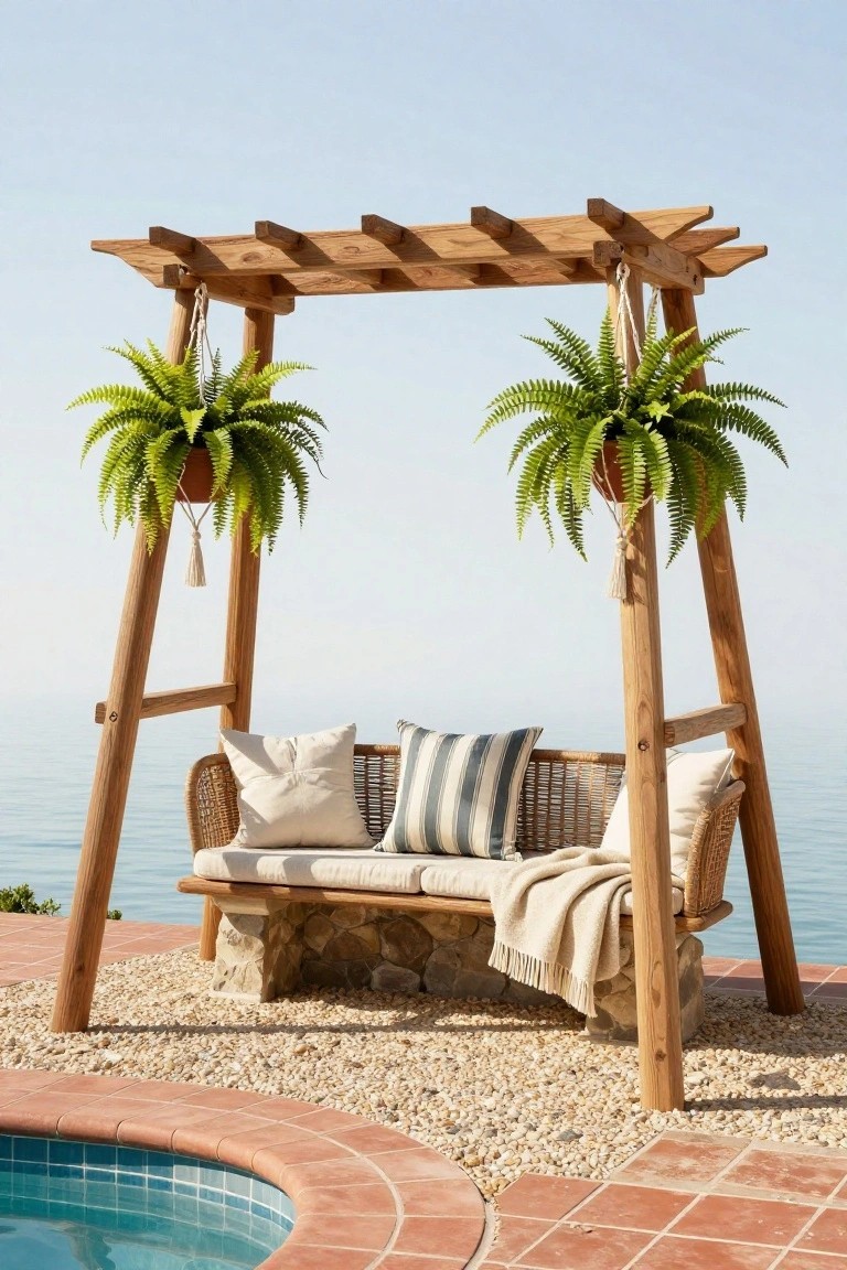 25 Inviting Rustic Pool Gazebo Ideas With Natural Materials Wooden pergola with angled supports holding a cushioned rattan swing bench and hanging potted ferns, positioned on gravel near a pool edge overlooking the sea.