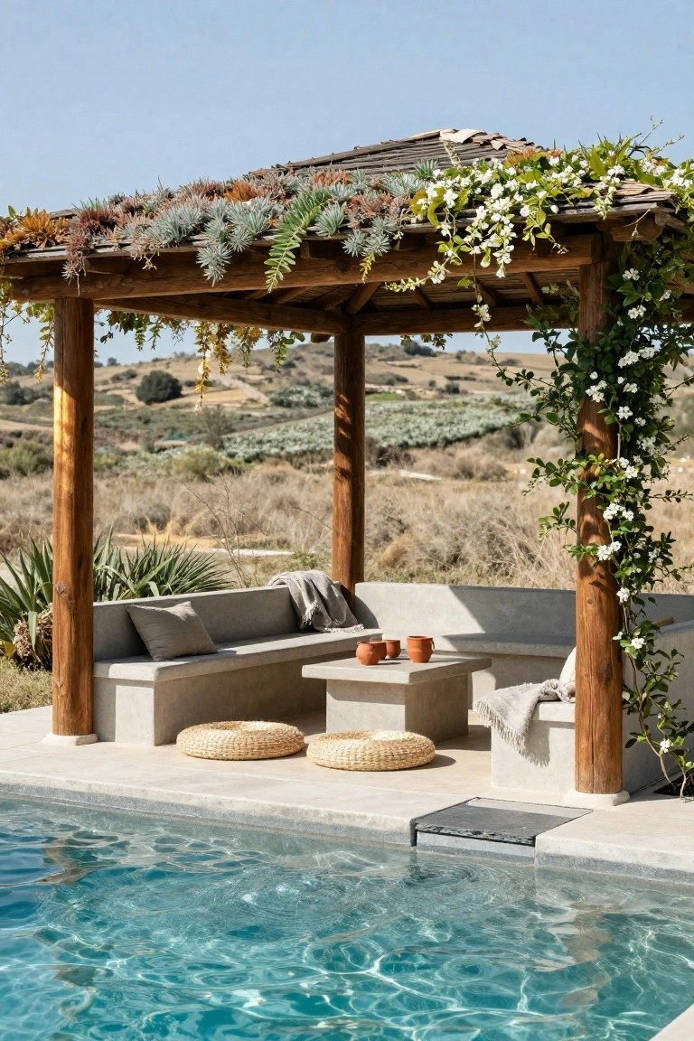 25 Inviting Rustic Pool Gazebo Ideas With Natural Materials Rustic wooden pergola topped with succulents and draped in white-flowering vines, sheltering concrete benches, a low table, and woven floor cushions next to a pool in a dry, hilly landscape.