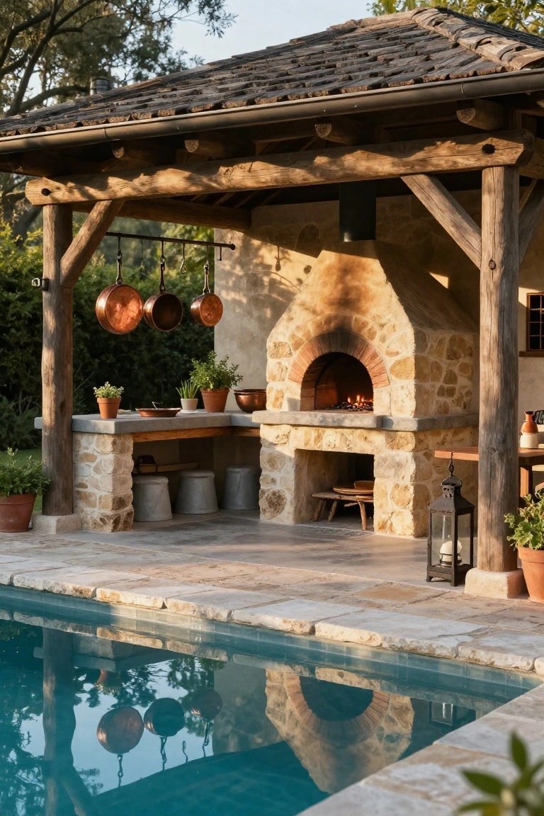 25 Inviting Rustic Pool Gazebo Ideas With Natural Materials Rustic Poolside Pizza Oven