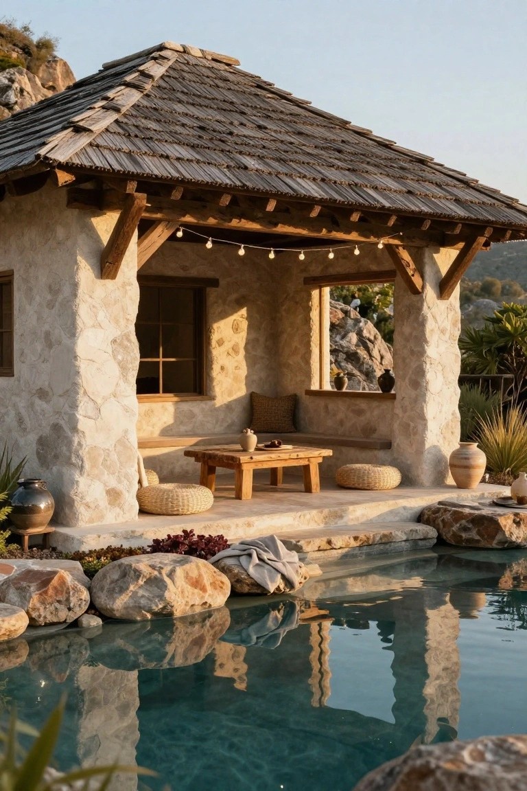 25 Inviting Rustic Pool Gazebo Ideas With Natural Materials Stone gazebo with thatched roof, wooden beams, string lights, low table, cushions, and pottery beside a turquoise pool edged with boulders and sparse plants.