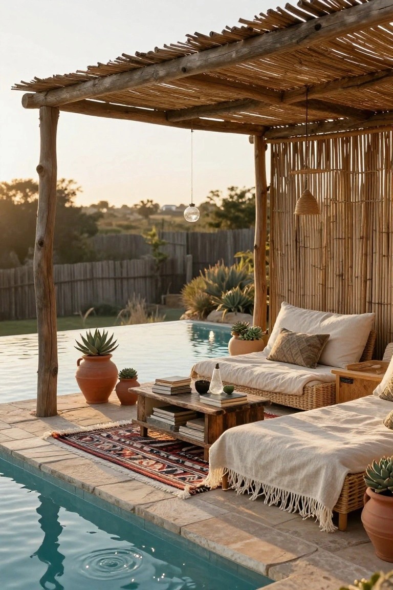 25 Inviting Rustic Pool Gazebo Ideas With Natural Materials Rustic pergola with thatched roof and bamboo screens at turquoise pool edge, featuring woven daybed, terracotta pots with succulents, wooden table, and rugs on stone deck.