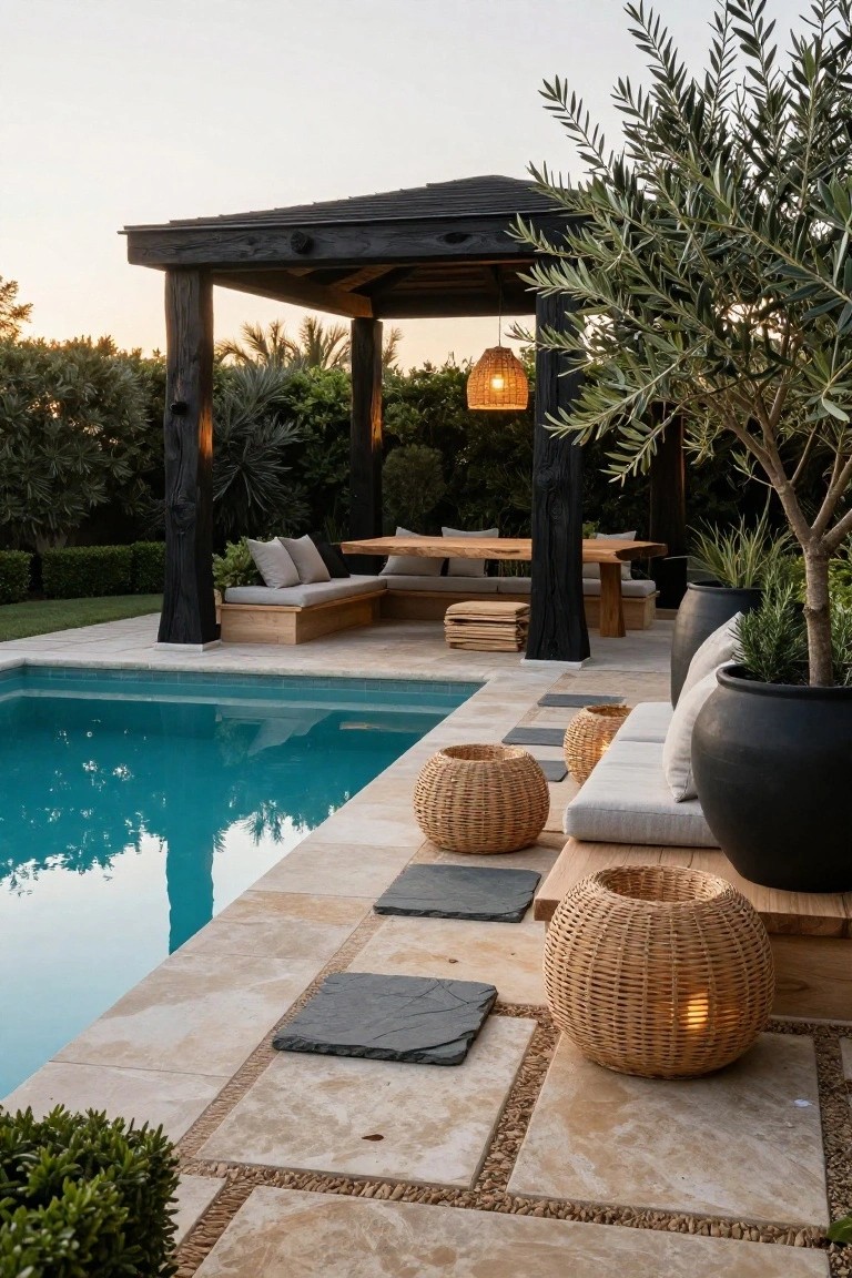 25 Inviting Rustic Pool Gazebo Ideas With Natural Materials Black timber gazebo structure beside a turquoise swimming pool, featuring built-in wooden bench seating, teak dining table, woven rattan lanterns, potted olive tree and plants, with travertine pool decking and surrounding greenery.