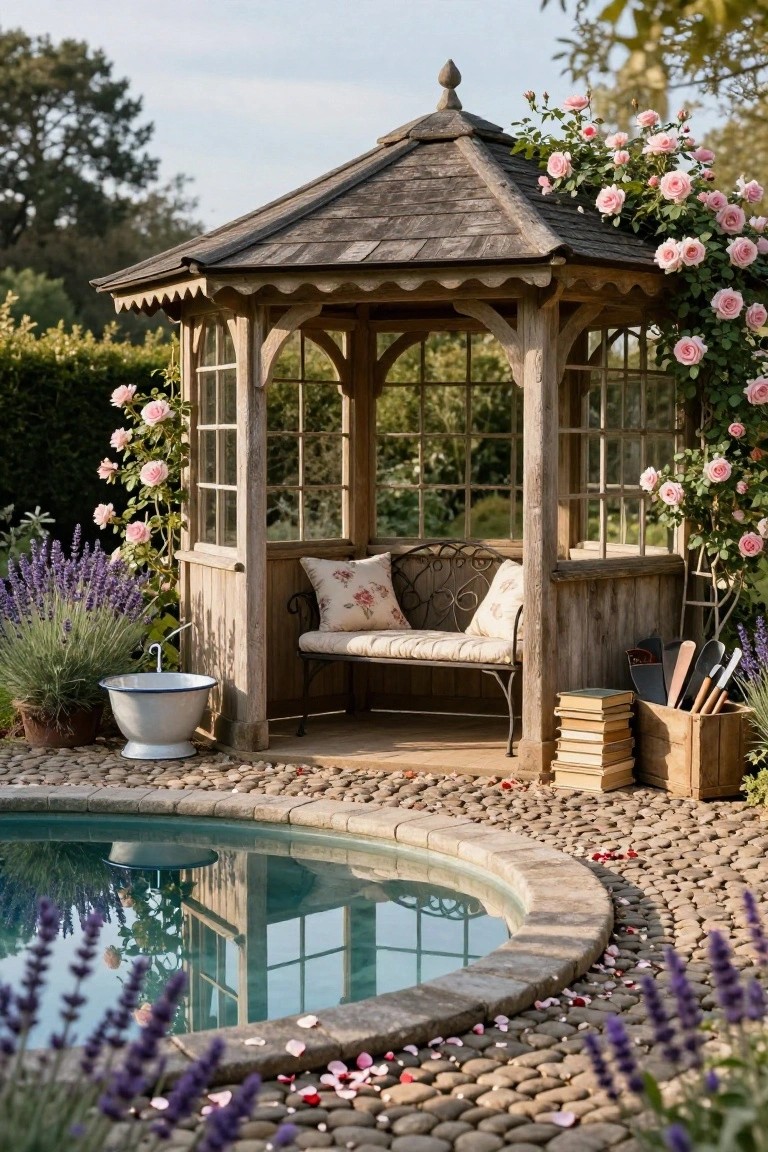 25 Inviting Rustic Pool Gazebo Ideas With Natural Materials Wooden gazebo with climbing pink roses, glass windows, cushioned bench on metal frame, lavender plants, metal tub, books, tools in wooden crate, and curved pool with pebble surround.
