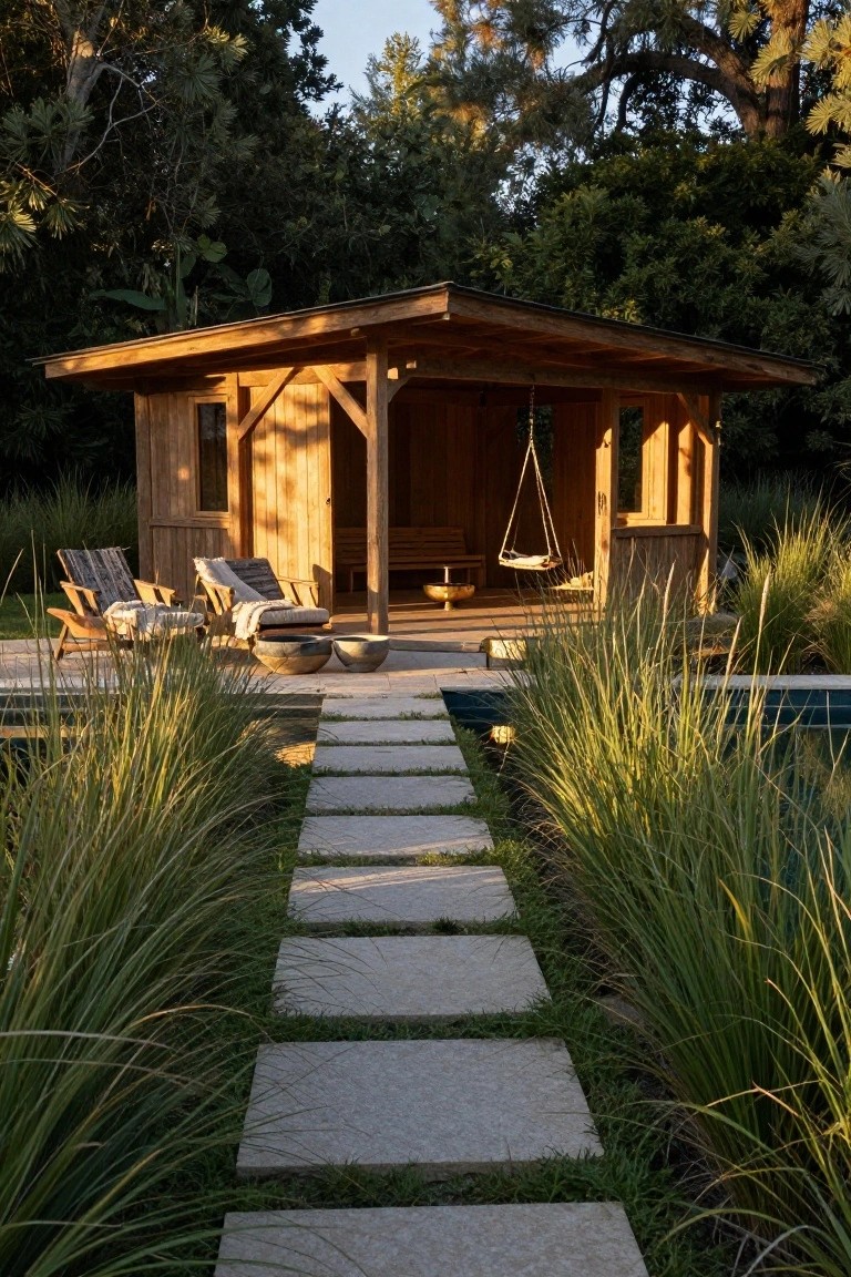 25 Inviting Rustic Pool Gazebo Ideas With Natural Materials Wooden open-sided gazebo with swing, bench, lounge chairs, and large pots positioned beside a pool with a stone path and tall grasses leading through.
